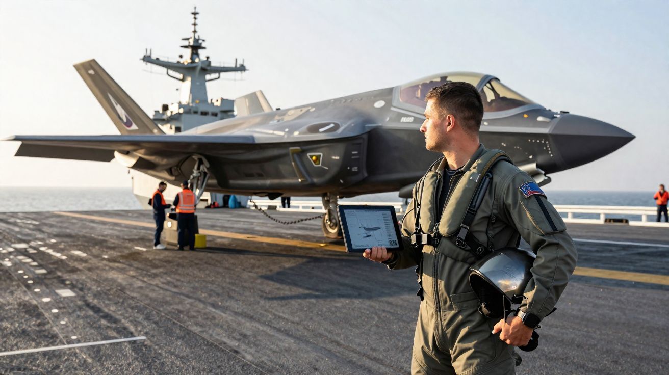 Piloto militar com fato de voo e capacete na mão observa caça F-35 num porta-aviões ao pôr do sol.