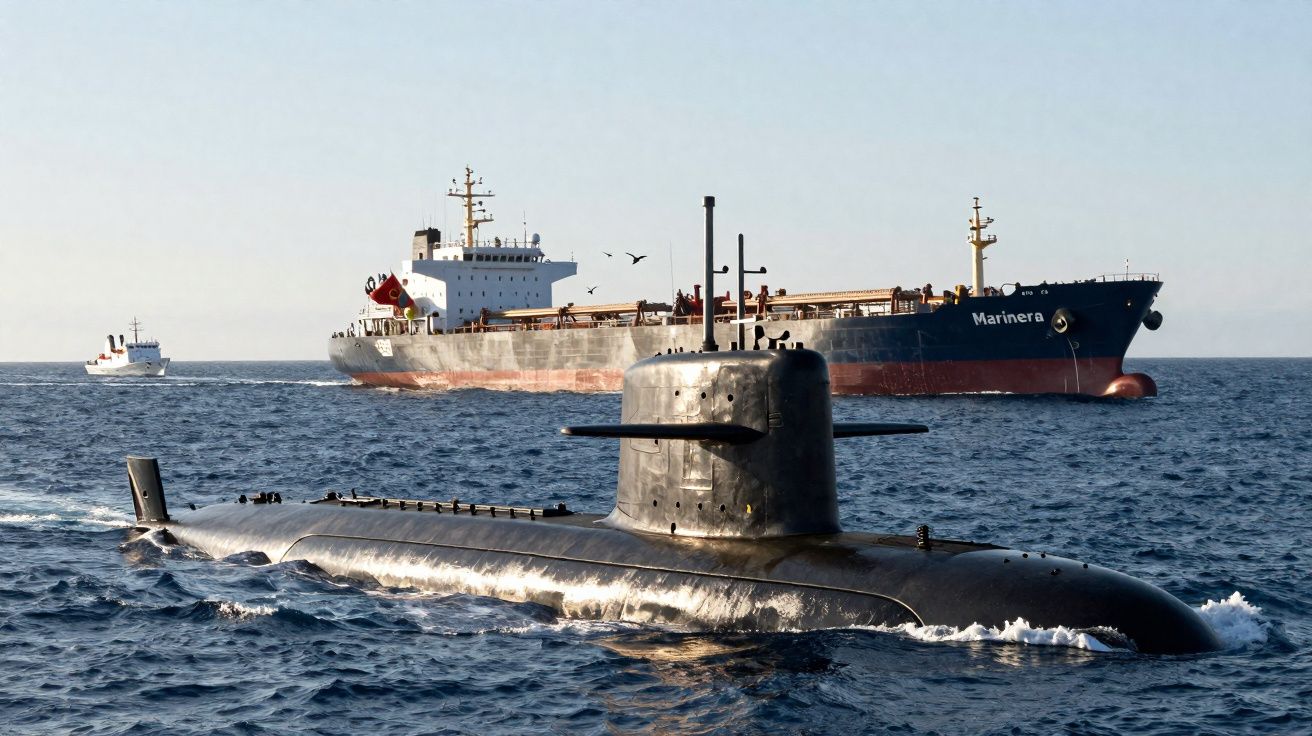 Submarino negro na superfície do mar com dois navios de carga ao fundo em dia claro.