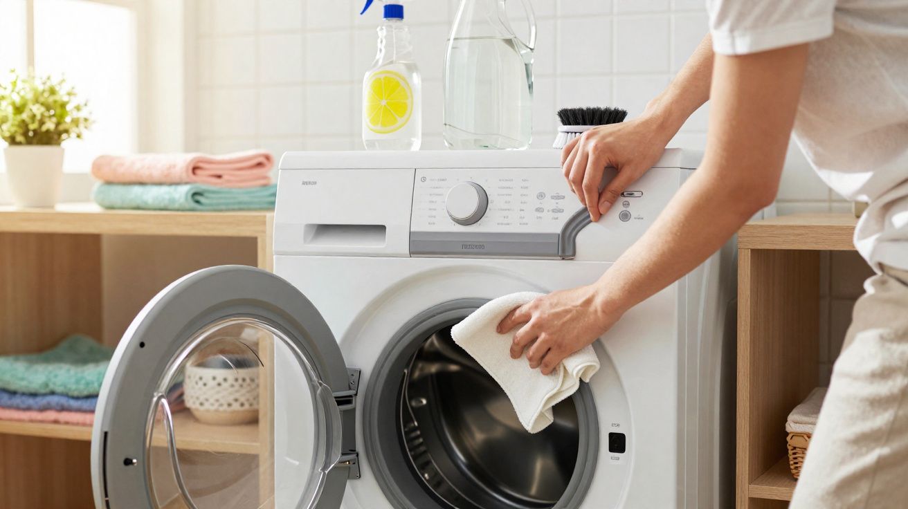 Pessoa a limpar o interior de uma máquina de lavar roupa branca com um pano branco, numa lavandaria organizada.