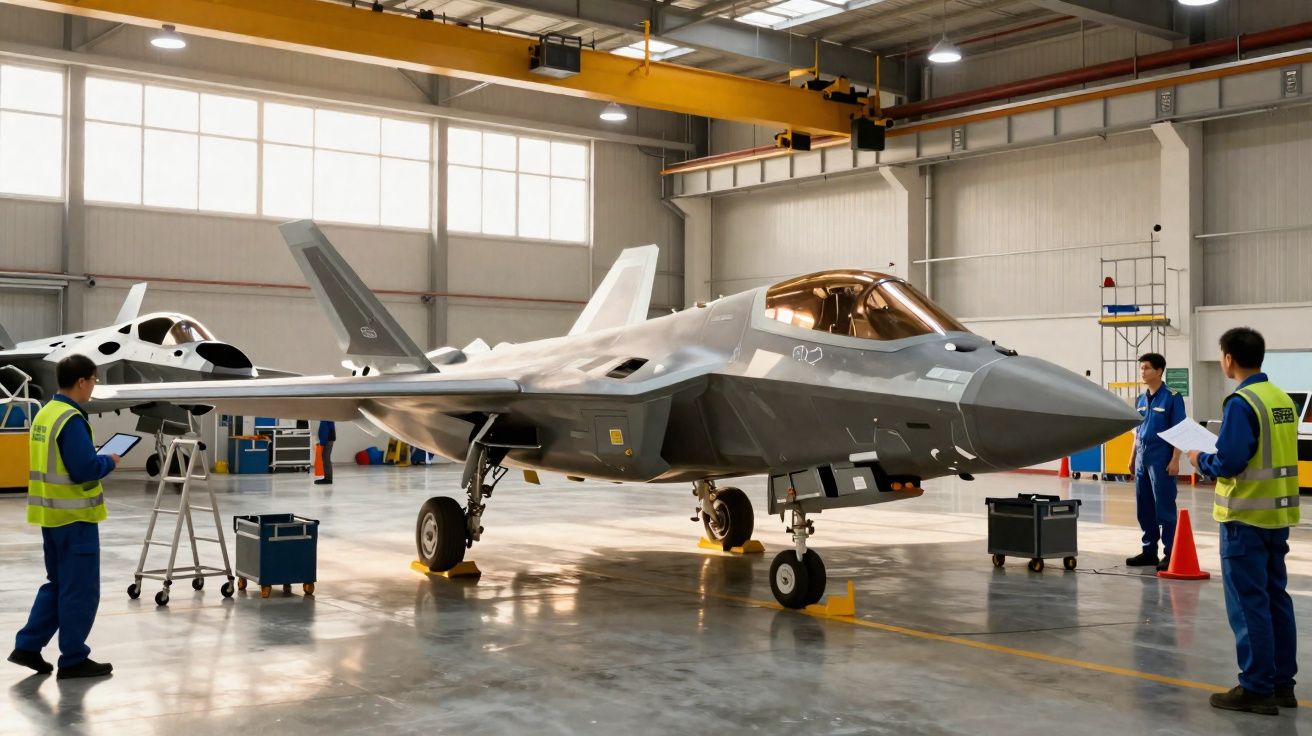 Caça furtivo cinzento estacionado numa oficina com três técnicos de manutenção a inspecionar a aeronave.
