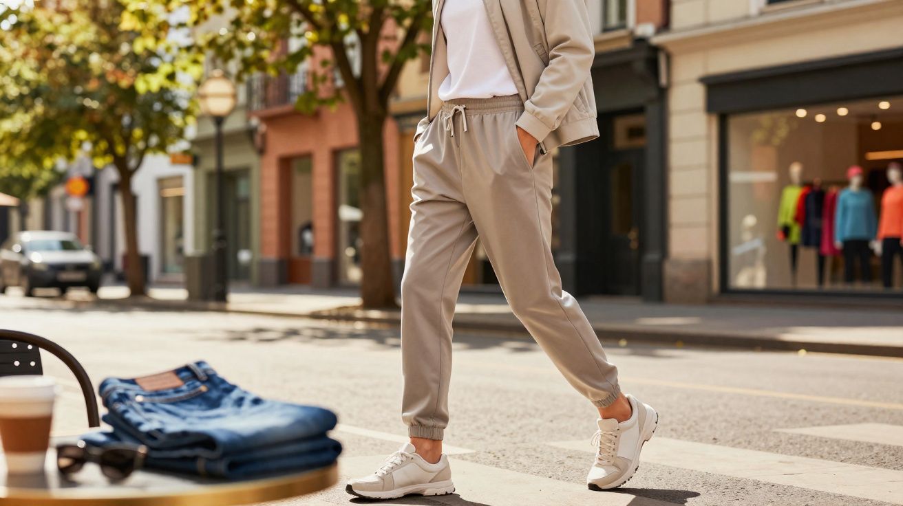 Pessoa a atravessar a rua com calças bege desportivas e ténis brancos, foco nas pernas e caminhada.