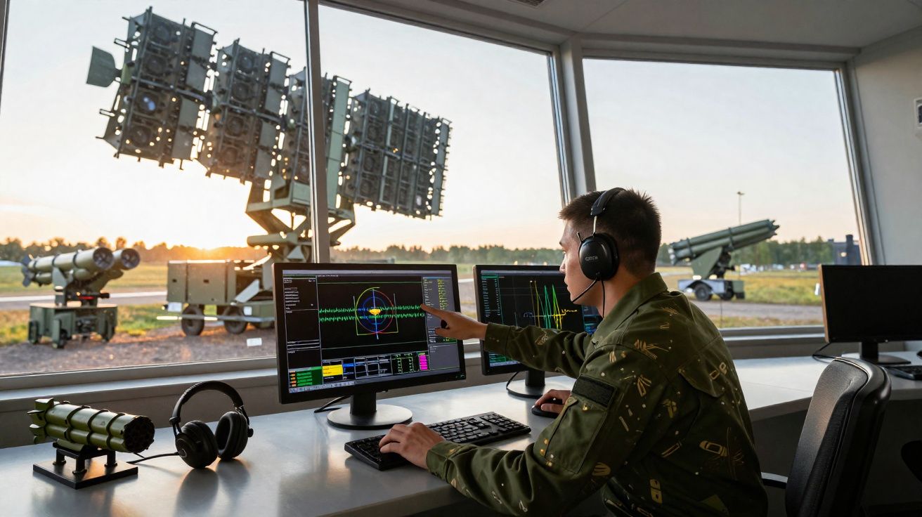 Homem militar com auscultadores operando radar numa estação de controlo com equipamento militar ao fundo.
