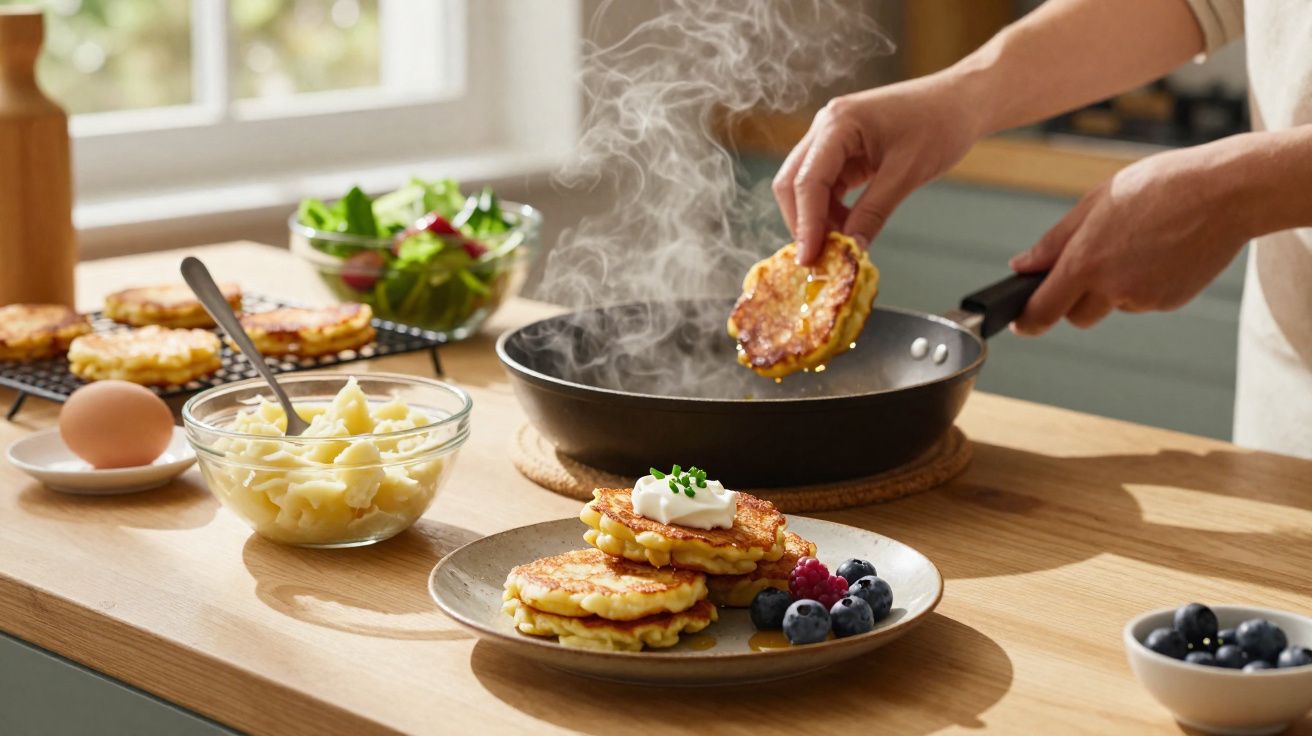 Pessoa a fritar panquecas numa frigideira, com panquecas e mirtilos num prato e ingredientes numa bancada.