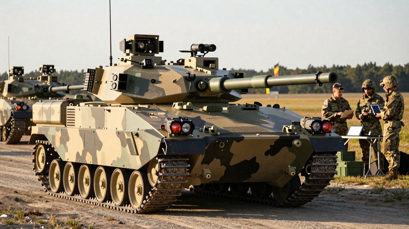 Carros de combate blindados camuflados numa estrada com soldados ao fundo em treino militar.