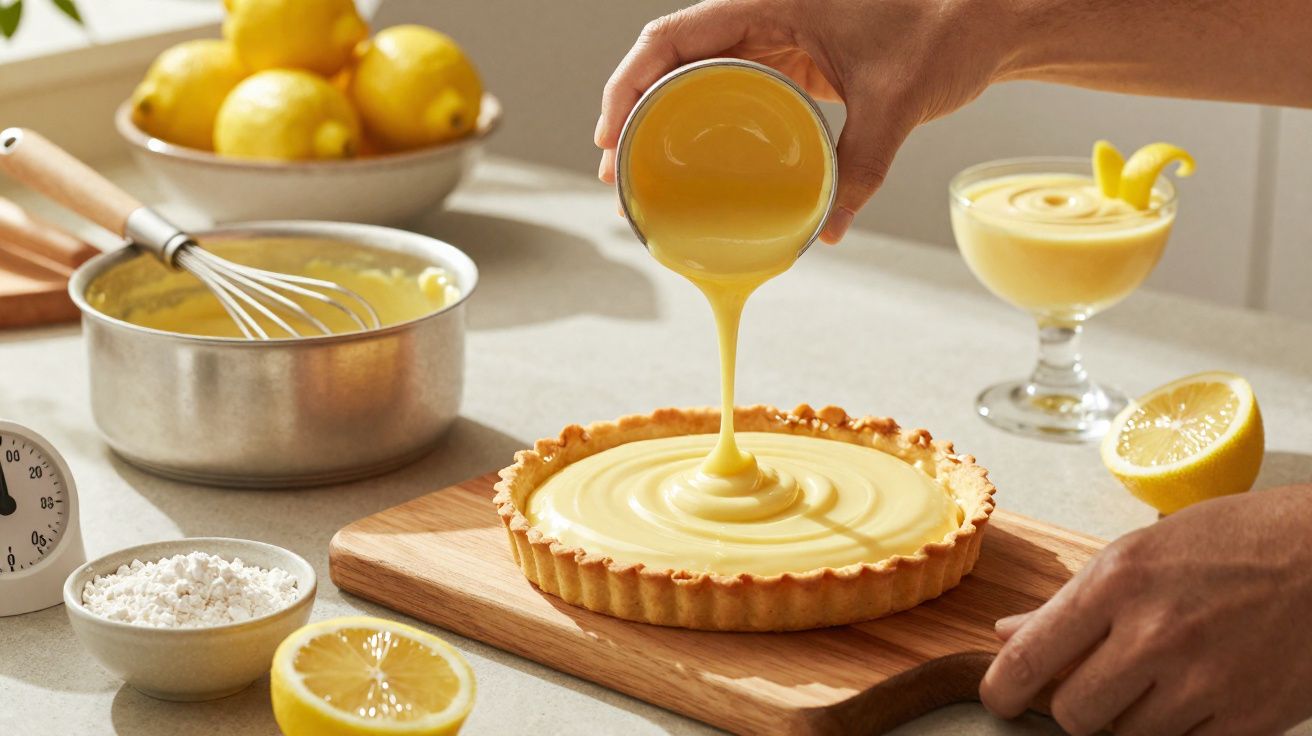 Mãos a verter recheio cremoso de limão numa tarte numa cozinha com ingredientes à volta.