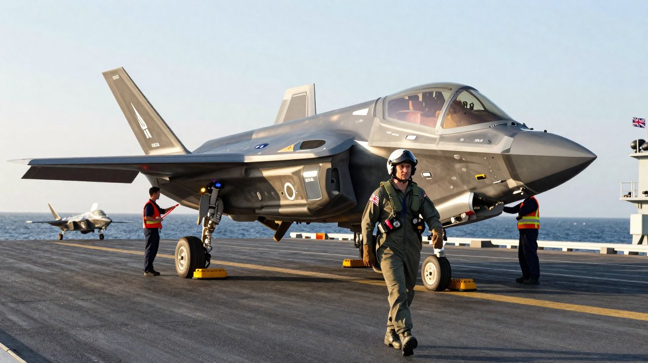 Caça F-35 estacionado num porta-aviões com piloto e três tripulantes no convés junto ao mar.