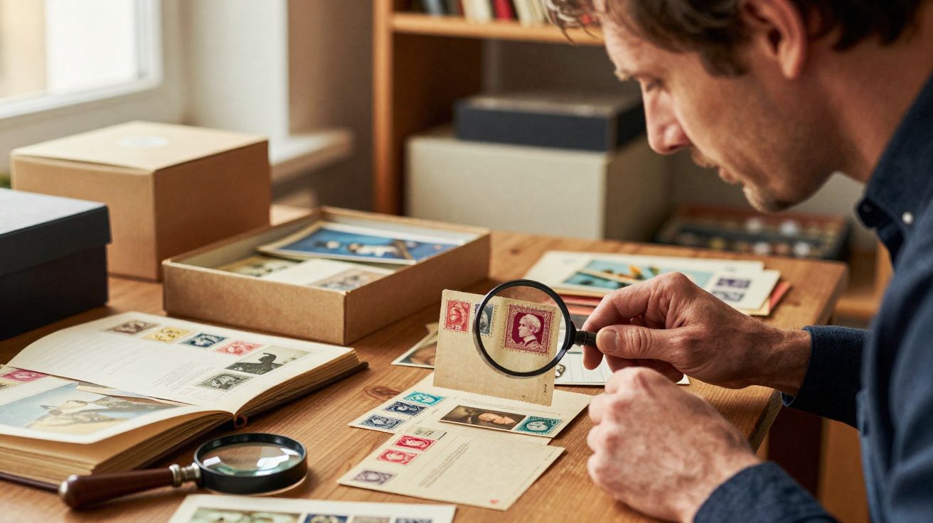 Homem observa selos antigos com uma lupa, com vários álbuns e caixas de selos numa mesa de madeira.
