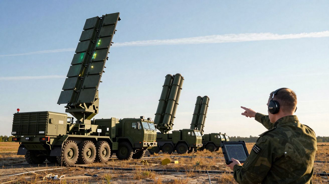Militar com headset e tablet opera sistema de defesa antimísseis móvel em terreno aberto ao pôr do sol.