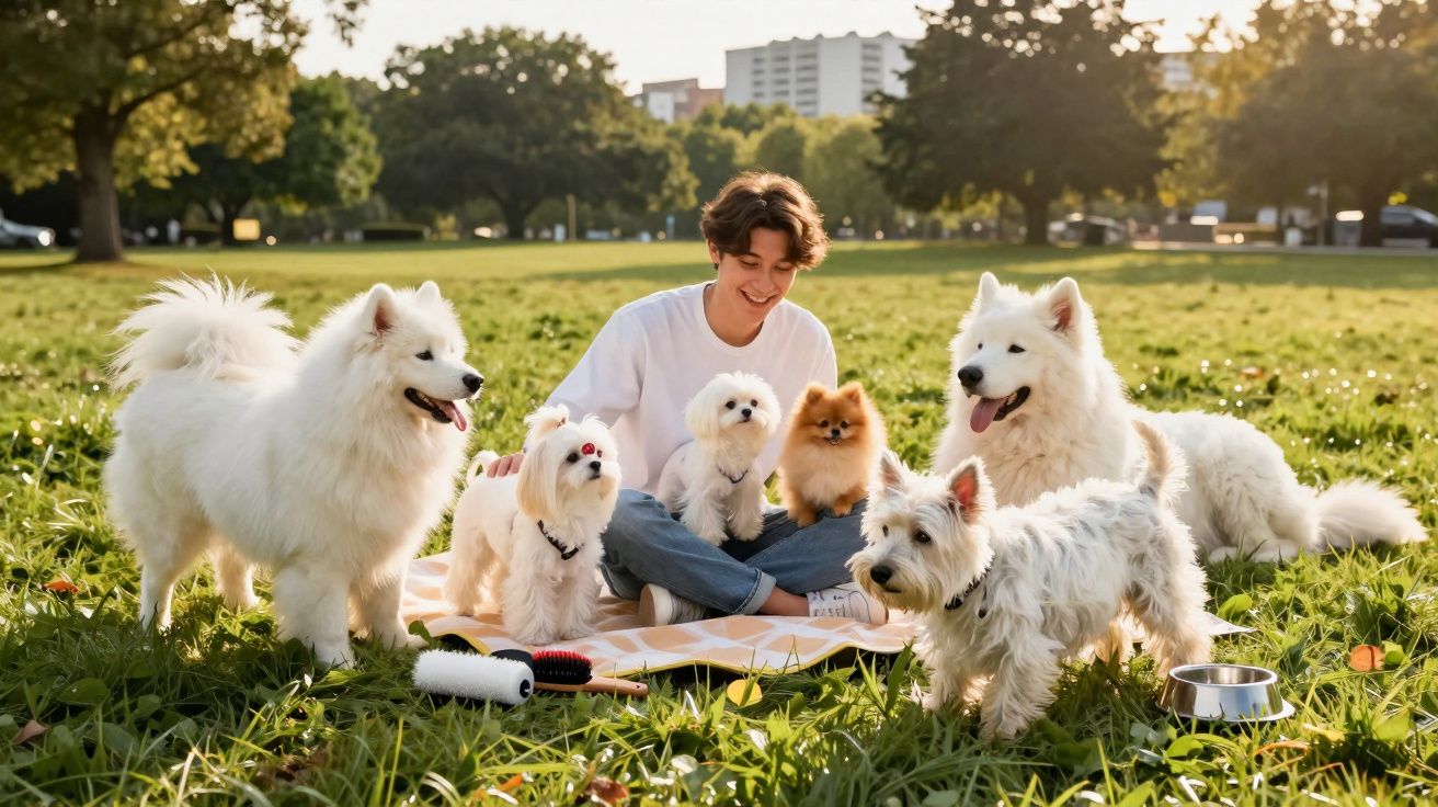 Pessoa sentada num campo com seis cães de várias raças e tamanhos ao redor, num dia ensolarado.