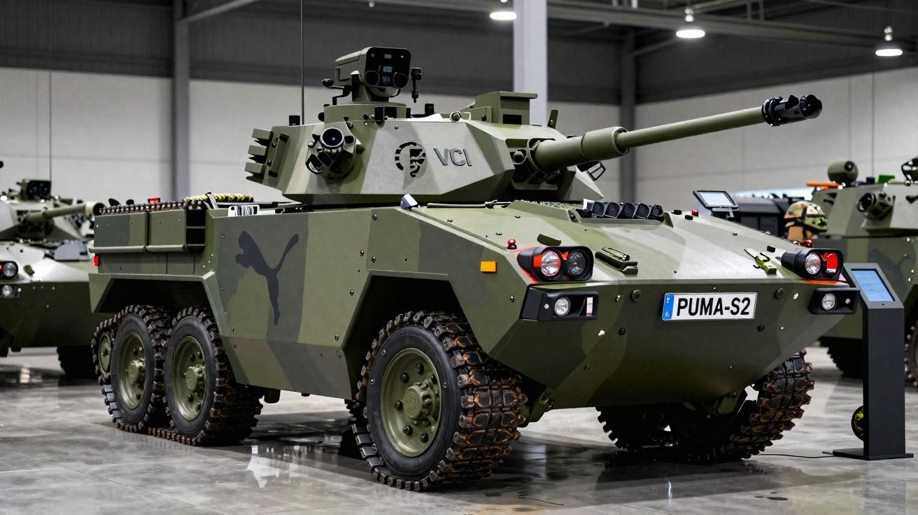 Veículo blindado de combate de rodas verdes com canhão longo num interior iluminado.