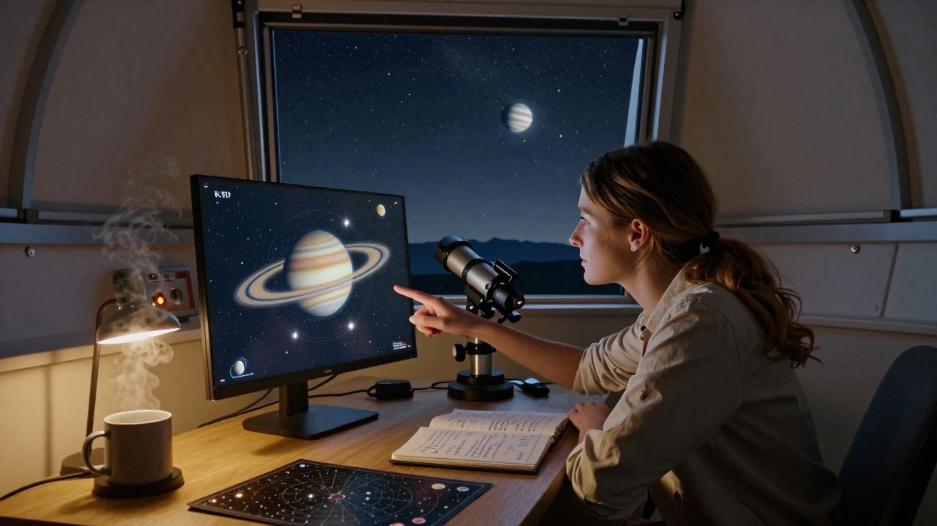 Mulher observa planetas no ecrã de computador e através de telescópio numa cúpula de observatório à noite.