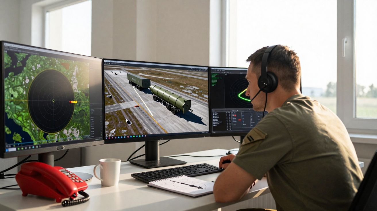 Homem com headset a monitorizar informação militar em três ecrãs num escritório iluminado por luz natural.