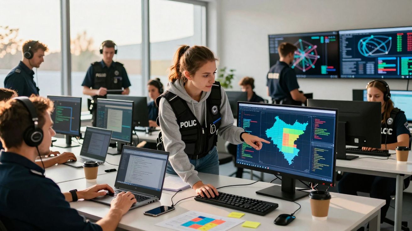Sala de operações policiais com agentes a analisar dados e mapas em múltiplos ecrãs de computador.