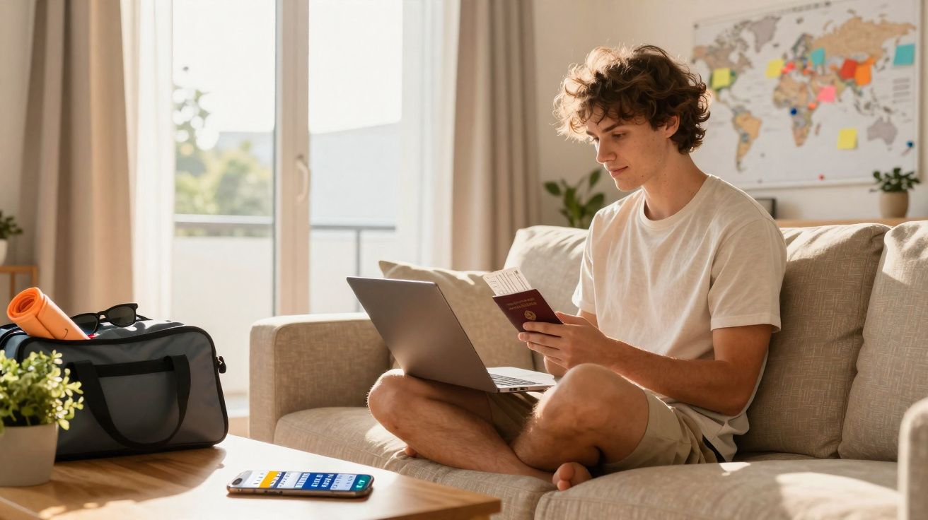 Jovem sentado no sofá com portátil, a segurar passaporte e bilhete, preparando viagem em casa iluminada.