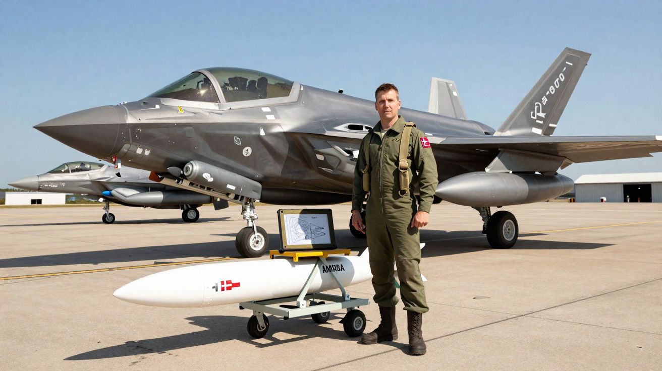 Piloto militar em fato de voo verde está junto a drone branco e jato F-35 estacionado em pista de aeroporto.