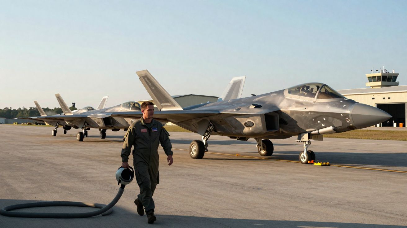 Piloto militar a caminhar junto a caças furtivos estacionados numa pista de aeroporto ao entardecer.