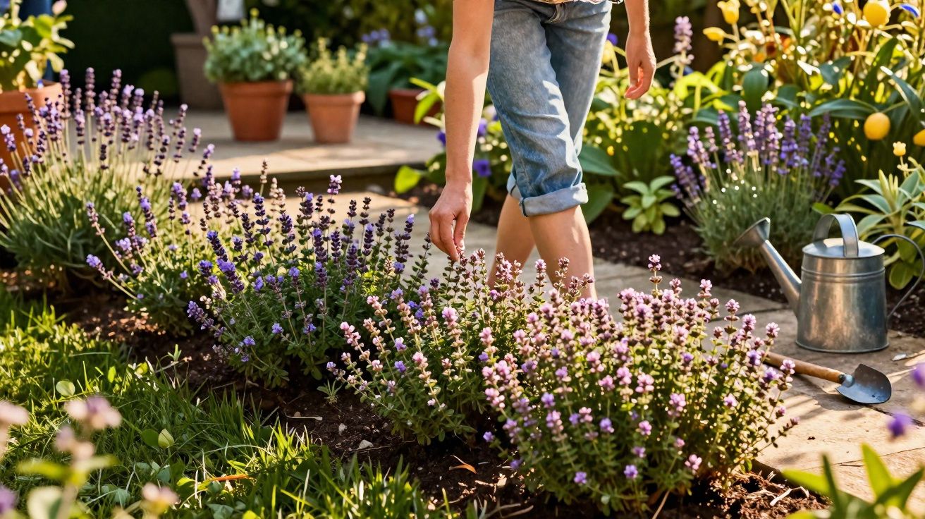 Pessoa a cuidar de plantas de lavanda num jardim com regador e enxada ao lado.