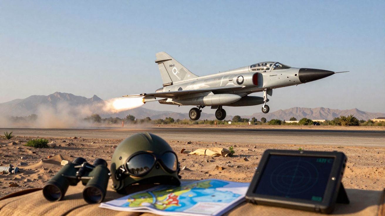 Caça militar a descolar com equipamento de observação e táctica em primeiro plano num deserto.