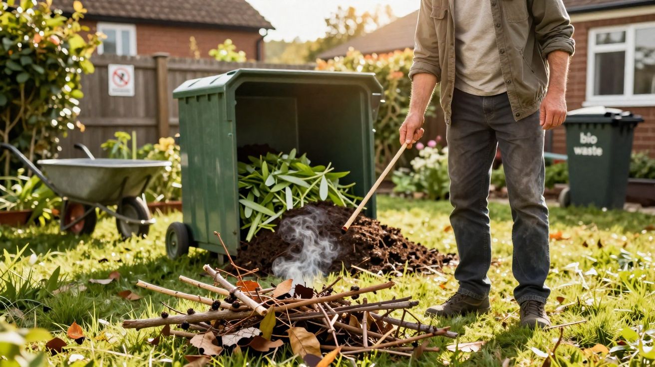 Homem a atear fogo a uma pilha de ramos e folhas secas num jardim residencial com contentores de compostagem.