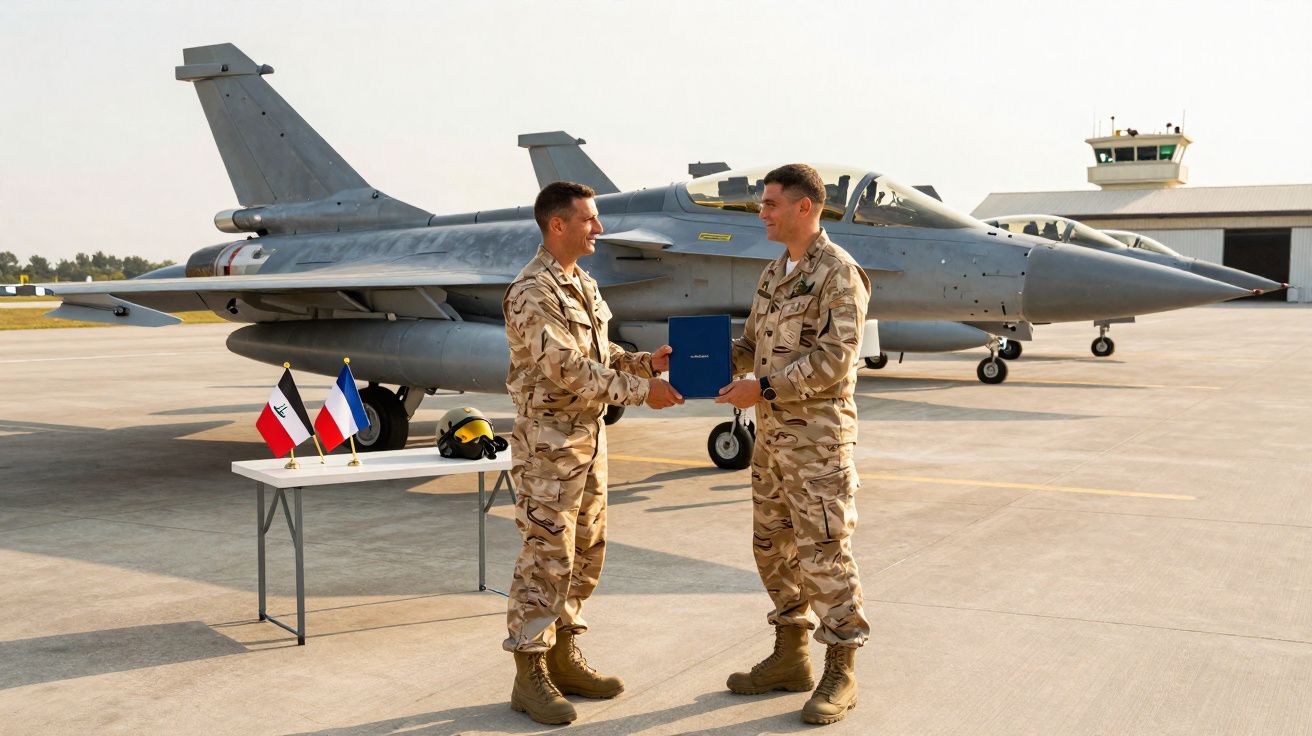 Dois militares em uniforme de camuflagem trocam documento junto a jato militar estacionado numa pista de aeroportos.