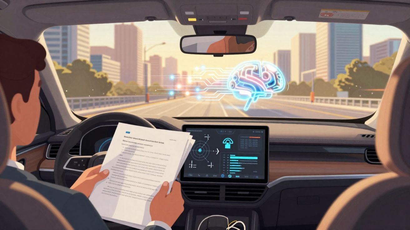 Homem dentro de carro autónomo a ler documentos com representação digital de cérebro a flutuar no para-brisas.