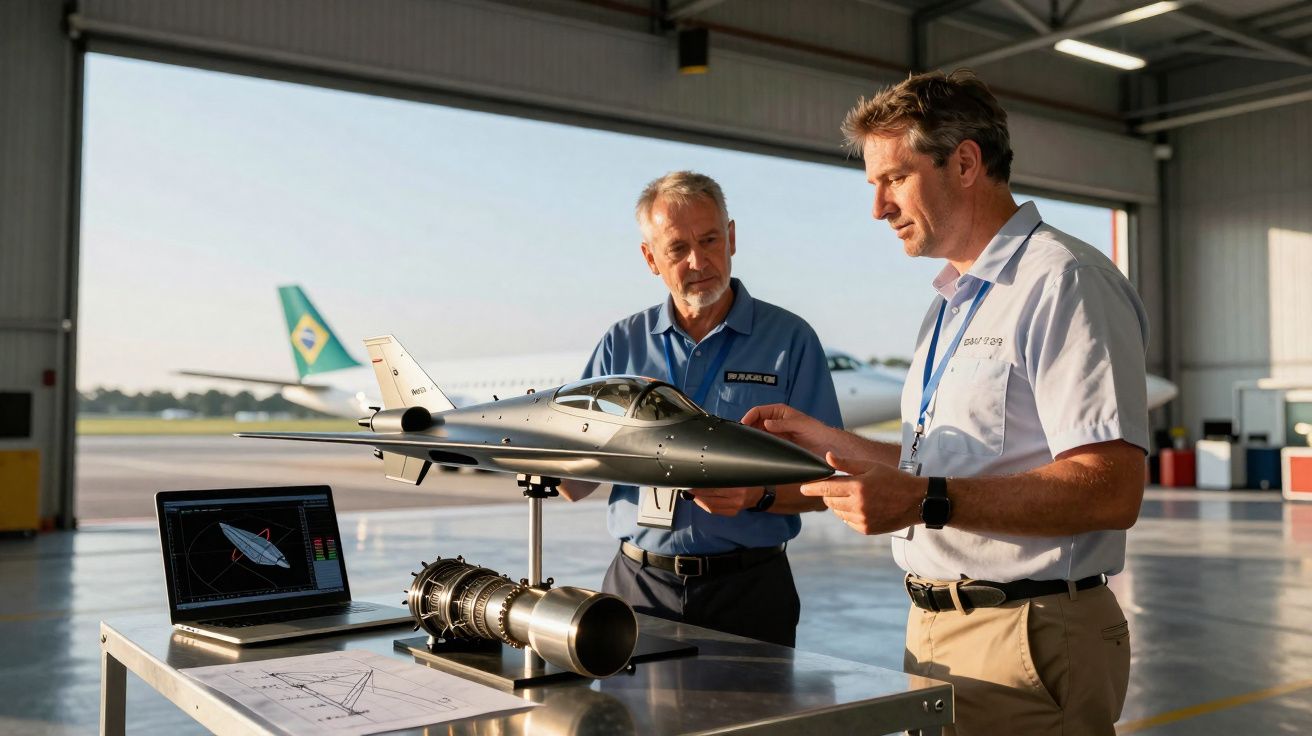 Dois engenheiros analisam modelo de avião e motor numa oficina de aeronáutica com avião ao fundo.