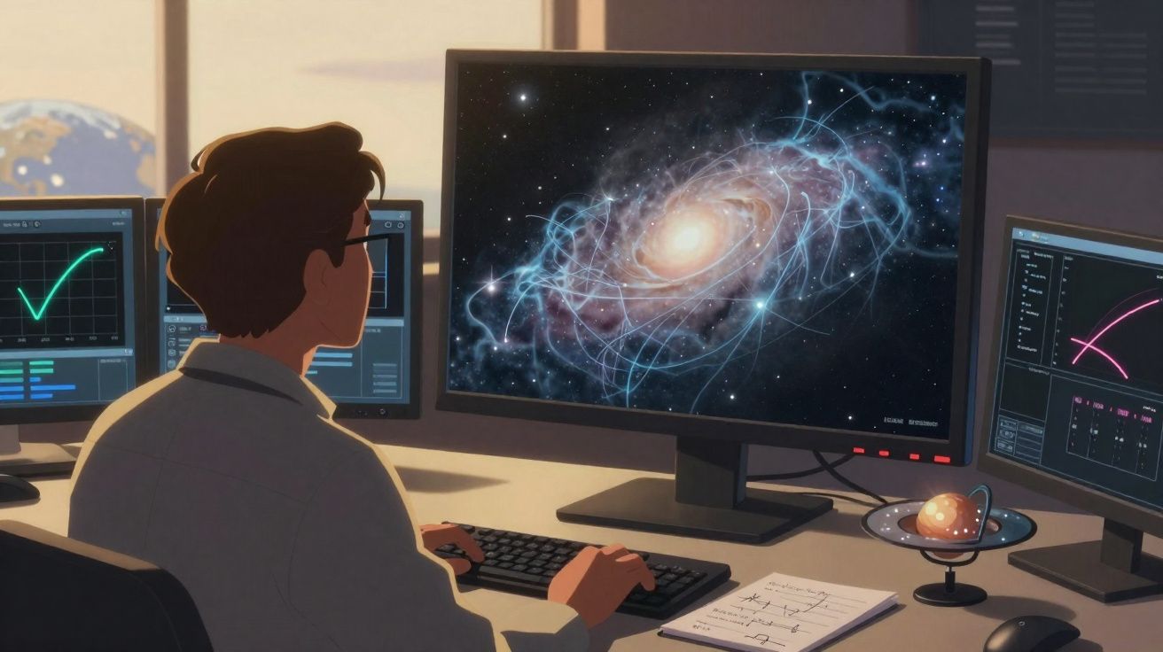 Pessoa a analisar imagens de galáxias e dados astronómicos em vários ecrãs de computador numa sala de controlo.