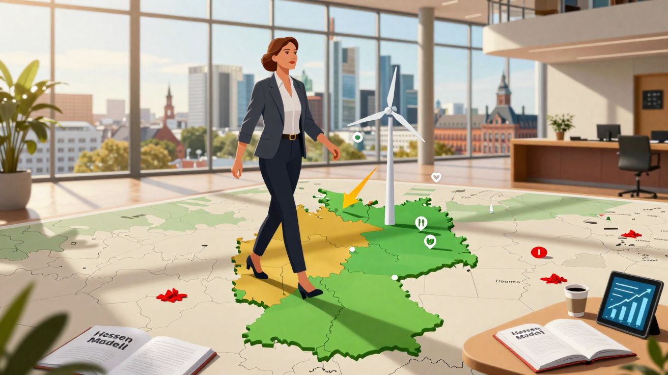 Mulher de negócios analisando mapa interativo com turbina eólica numa sala moderna com vista urbana.