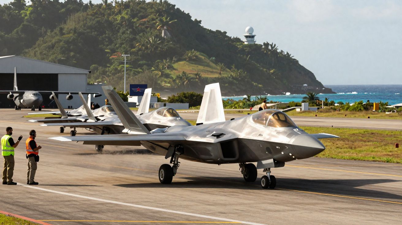 Caça furtivo estacionado numa pista de aeroporto junto ao mar com pessoas e colina ao fundo.