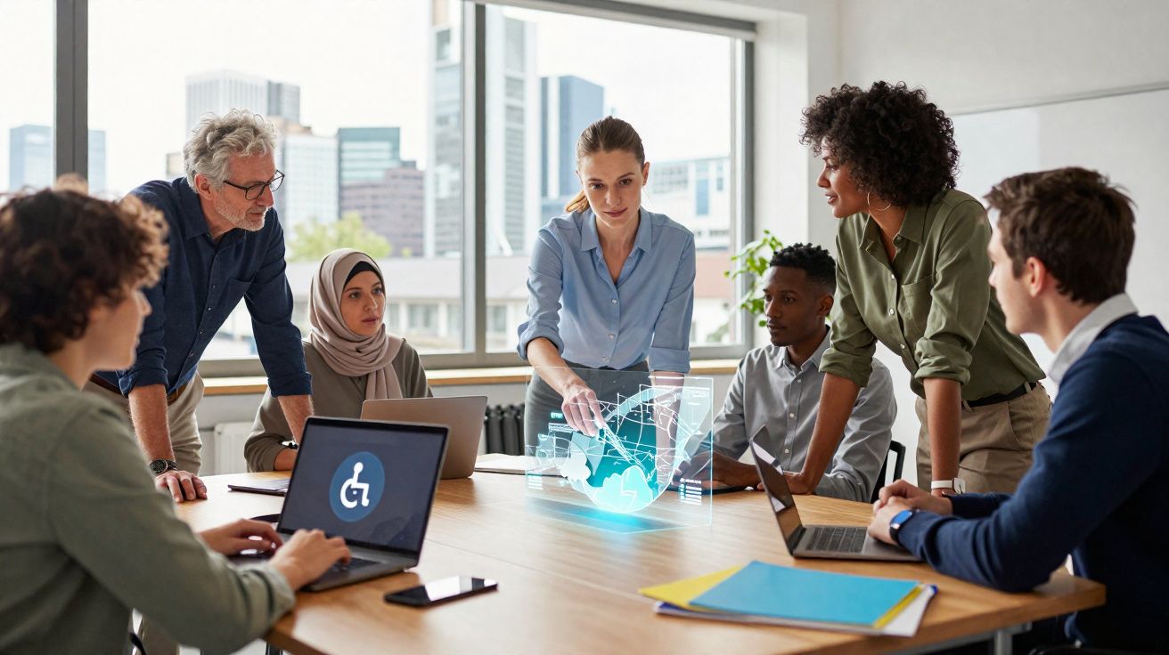 Grupo multicultural de profissionais em reunião com tonteira digital numa sala iluminada.