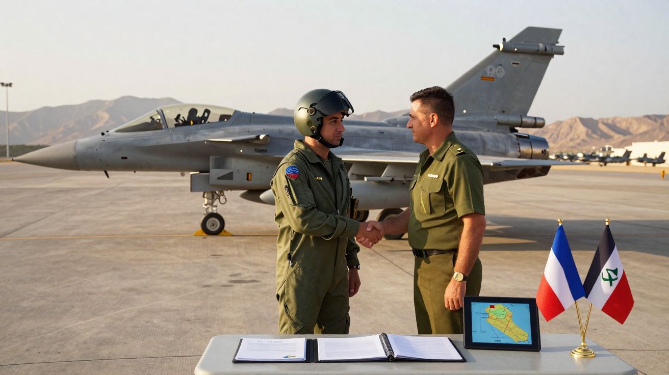 Dois militares cumprimentam-se em pista aeroportuária com avião de caça ao fundo e mesa com documentação e bandeiras.