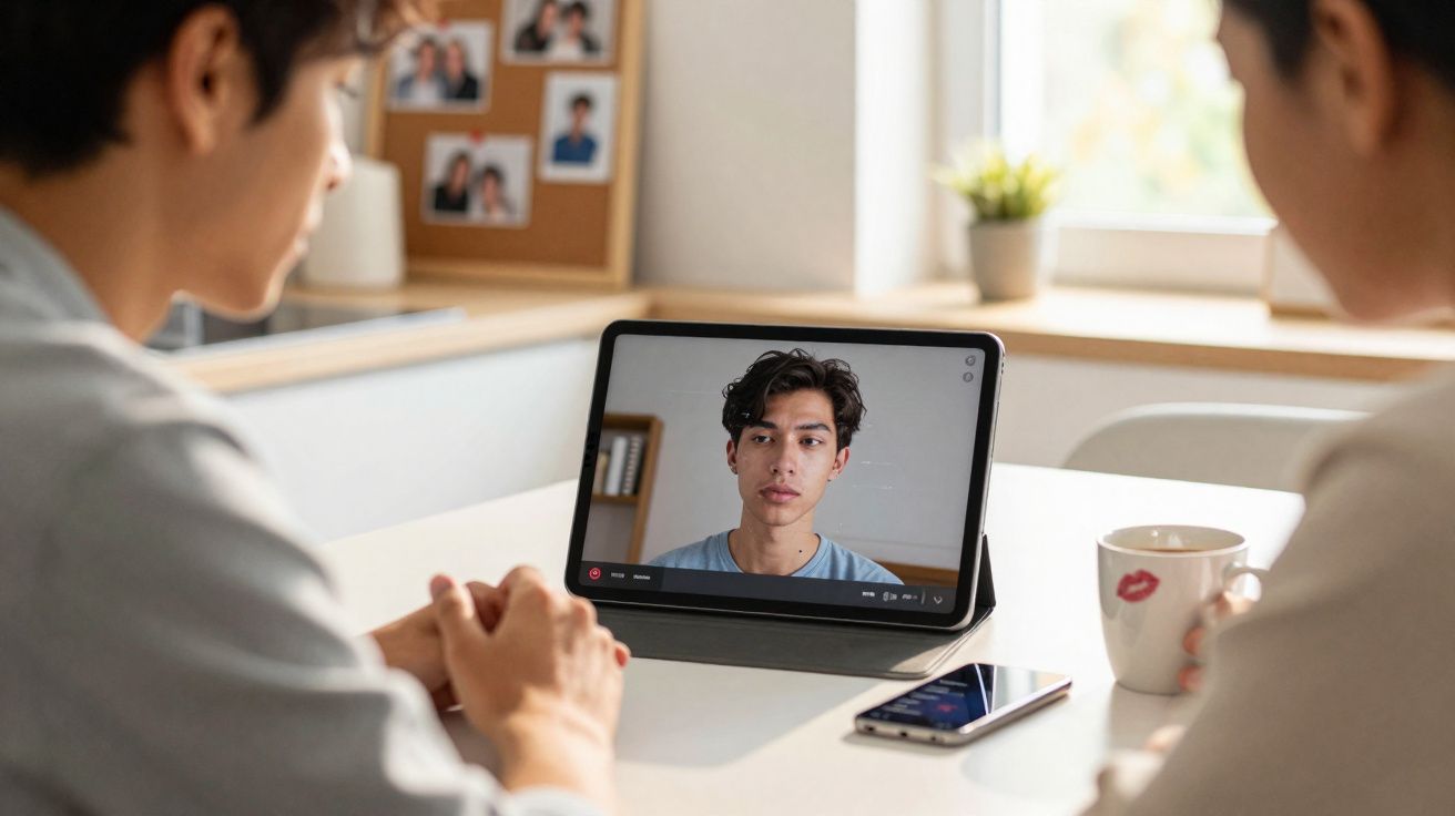 Duas pessoas a fazer videoconferência com jovem num tablet numa mesa com smartphone e caneca.