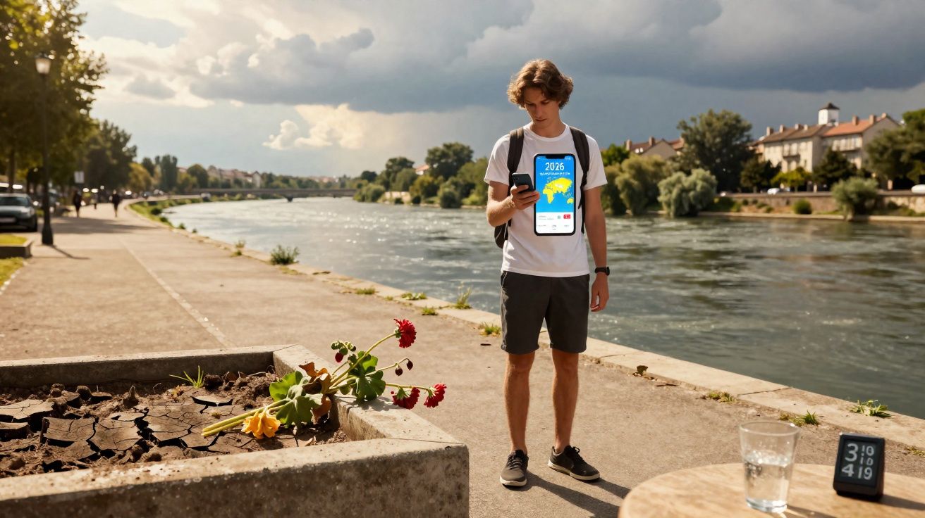 Jovem junto a rio com mochila e telemóvel na mão, flores caídas num vaso e copo de água numa mesa.