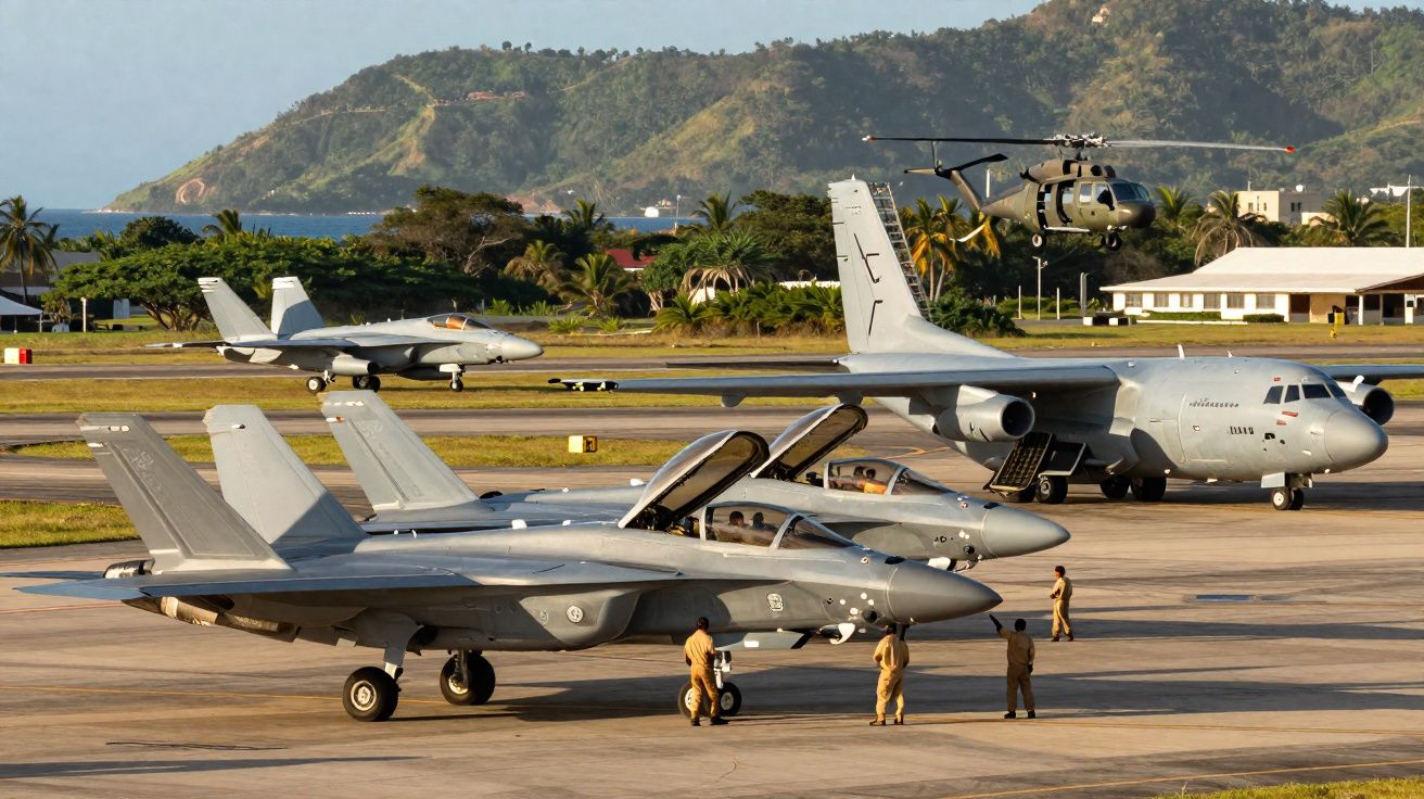 Aviões militares e helicóptero estacionados num aeroporto com militares a circular, em fundo de montanha e mar.
