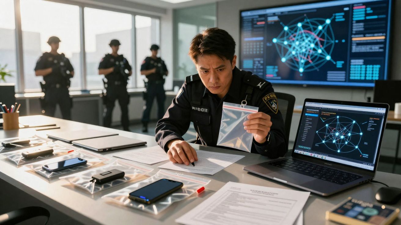 Polícia examina provas em sacos plásticos numa sala com monitor e três agentes armados ao fundo.