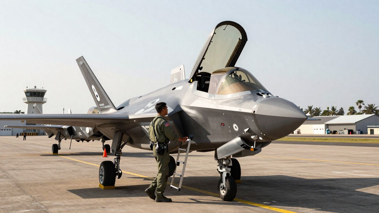 Avião militar estacionado na pista com piloto em uniforme a subir escada para a cabine aberta.