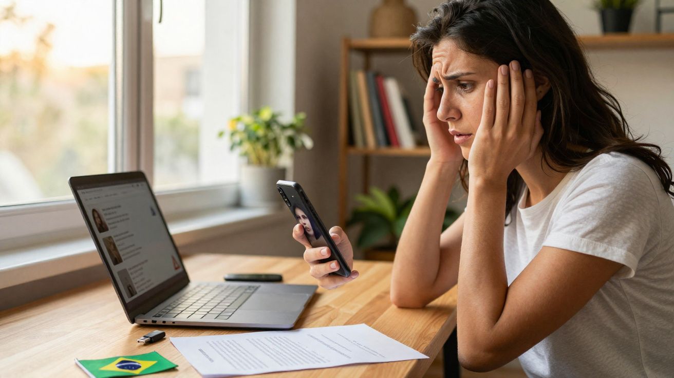 Mulher preocupada segura telemóvel sentada à secretária com portátil aberto e documentos à frente, junto à janela.