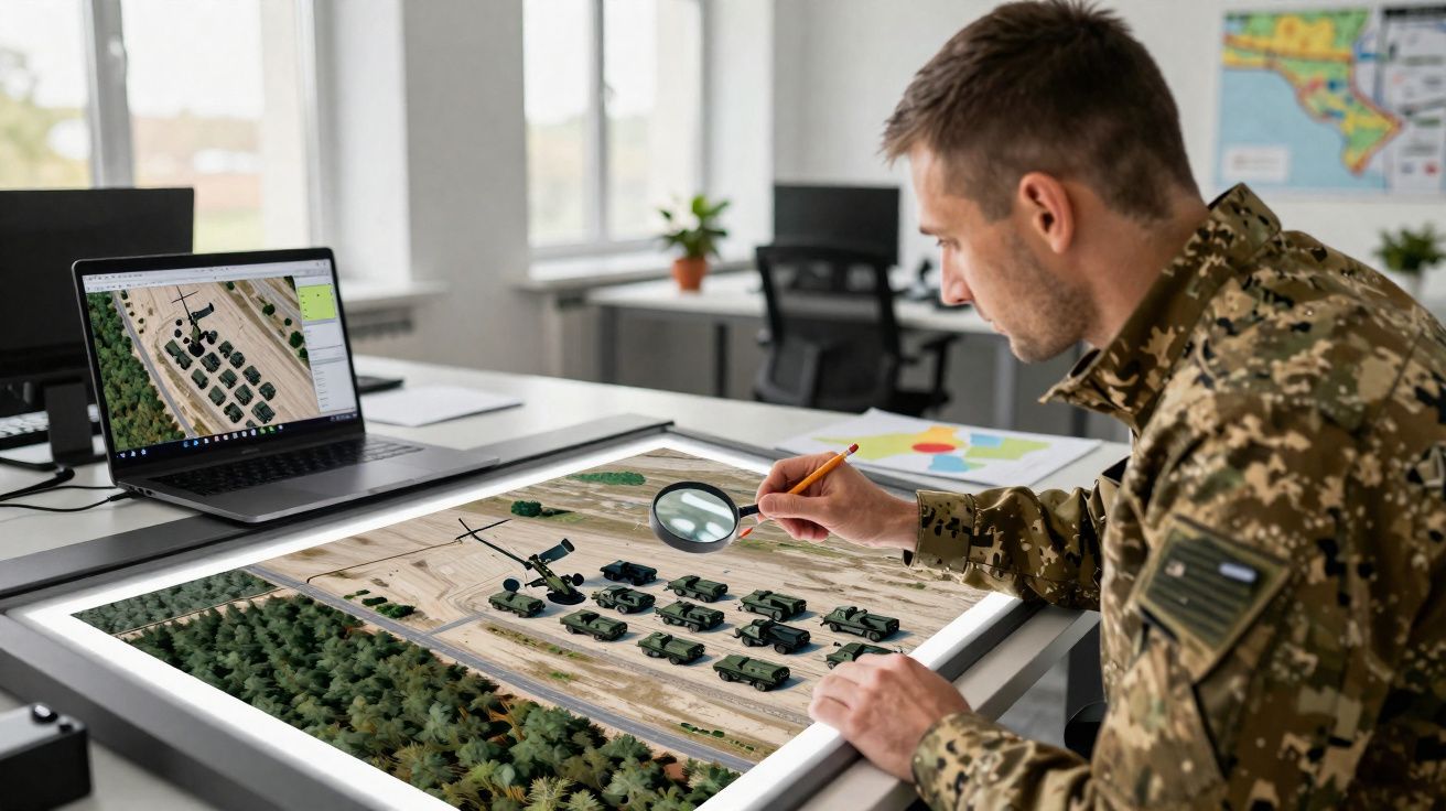 Soldado em uniforme camuflado analisa maquete militar com lupa numa mesa iluminada, com laptop ao lado.