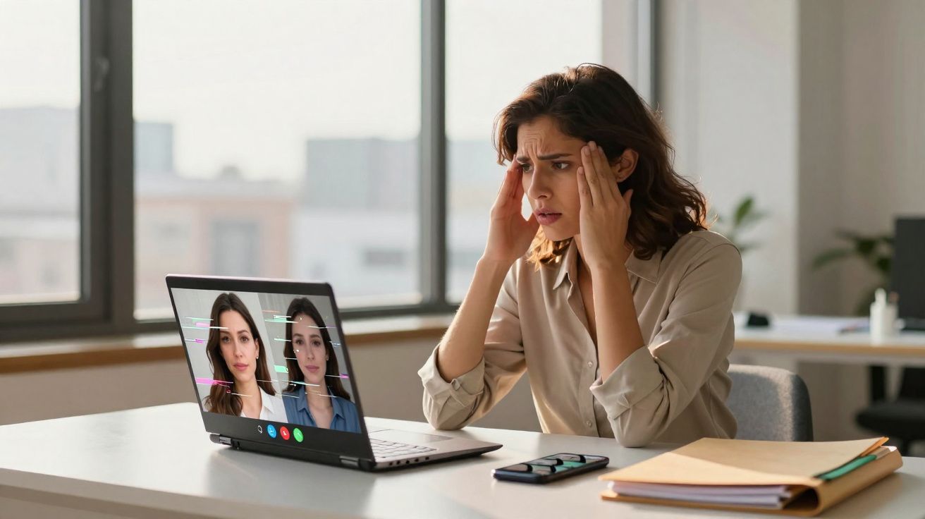 Mulher preocupada em videoconferência, com mãos na cabeça, sentada numa mesa com laptop, telemóvel e documentos.