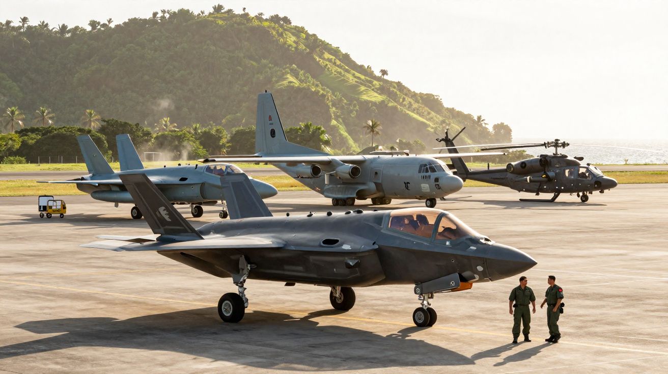 Aviões militares estacionados numa pista, com dois soldados de pé junto a um caça stealth, e montanha ao fundo.
