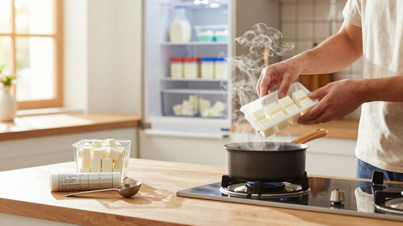 Pessoa a adicionar cubos de manteiga a uma panela no fogão numa cozinha moderna.