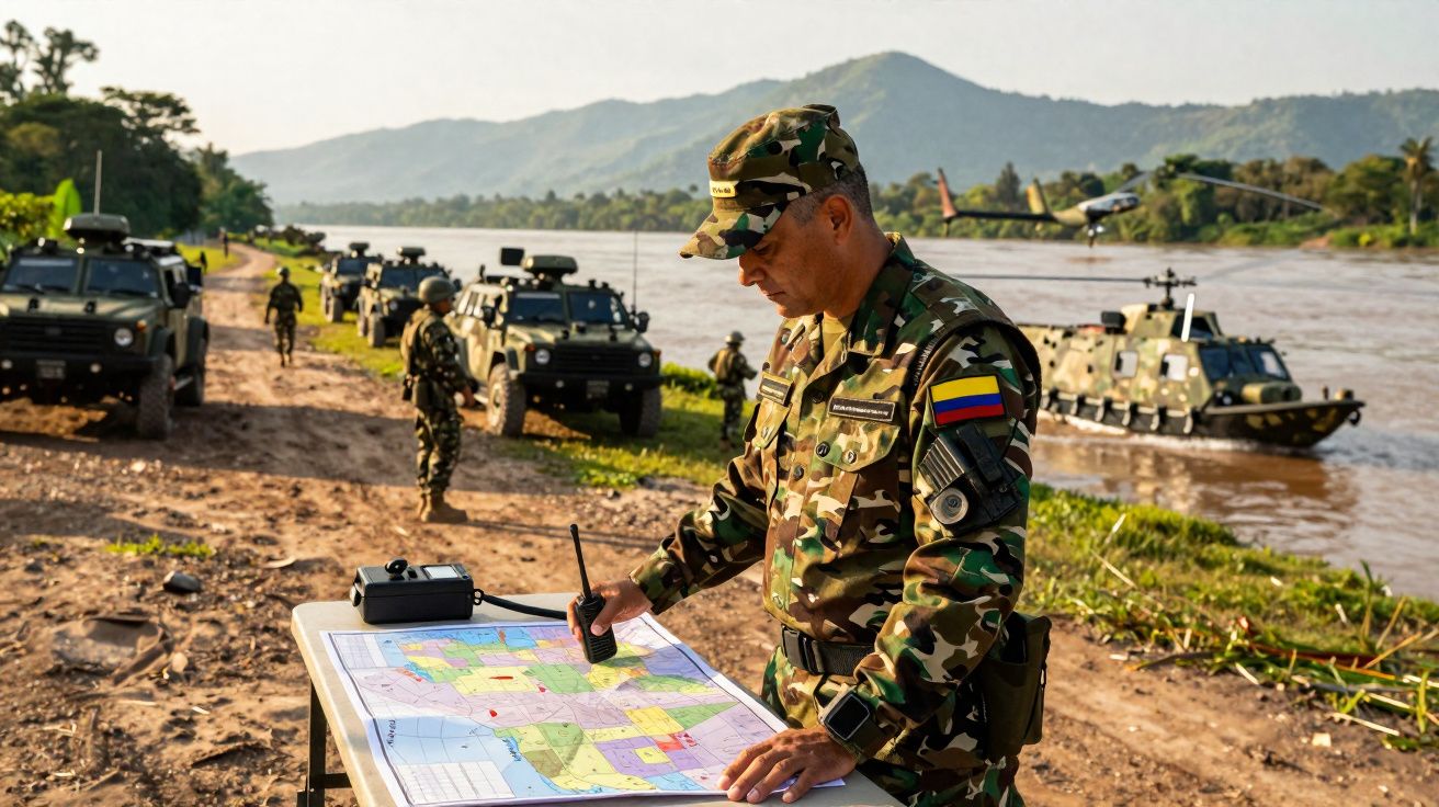 Soldado em uniforme militar revisa mapa numa mesa à beira de um rio com veículos militares e helicópteros ao fundo.