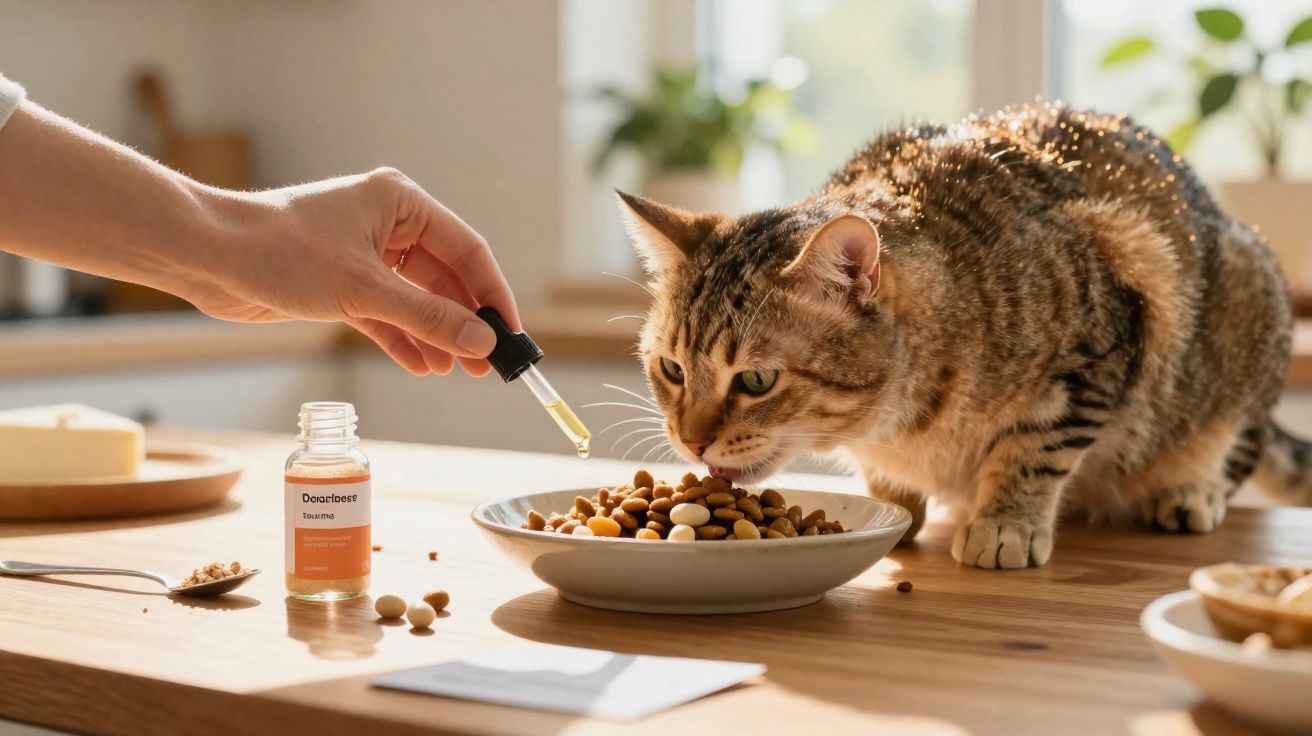 Gato a comer ração numa tigela enquanto uma mão coloca gotas de suplemento com conta-gotas.