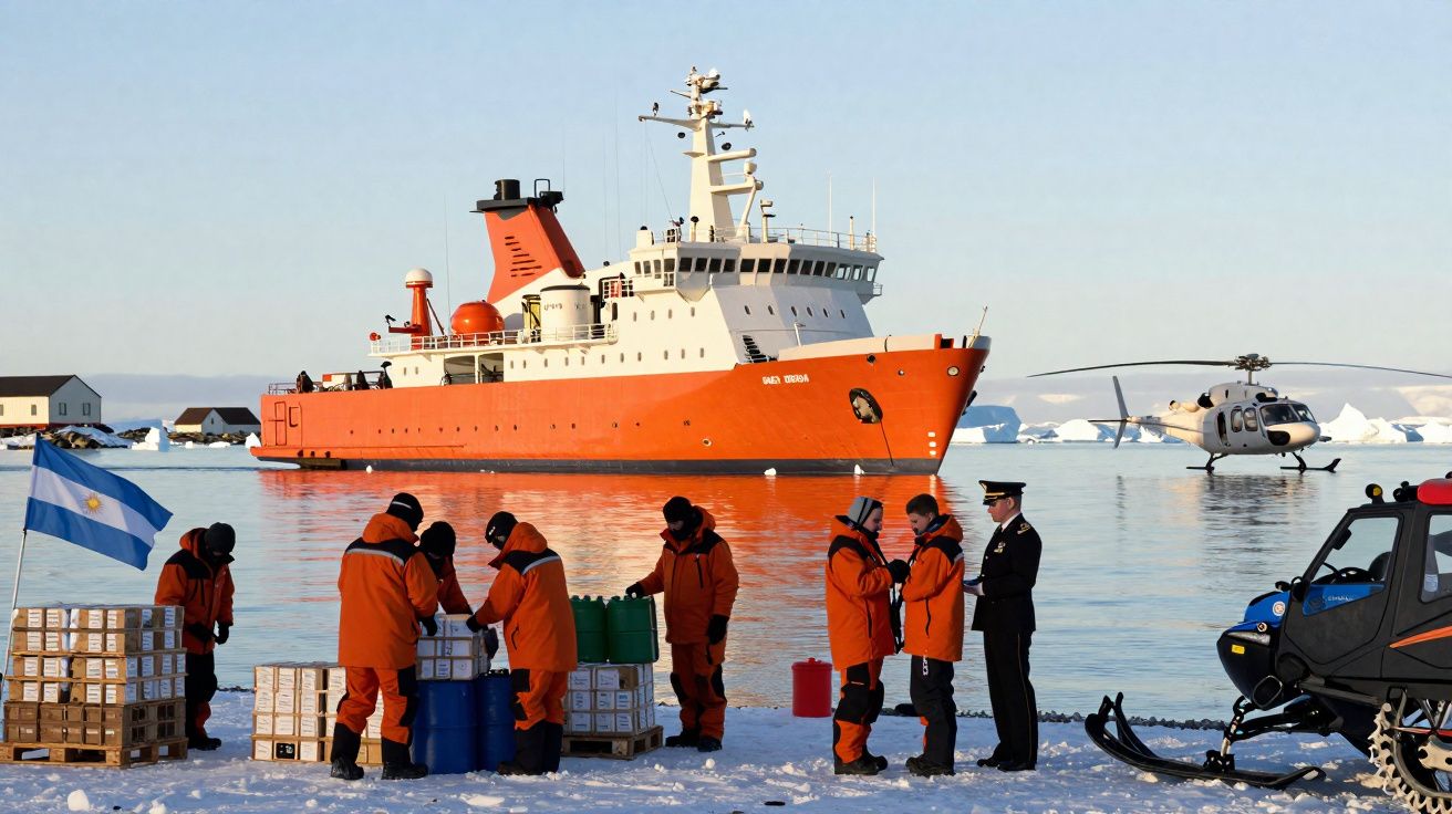 Equipa em roupa térmica perto de caixas no gelo, com navio laranja, helicóptero e veículo na neve à beira-mar.
