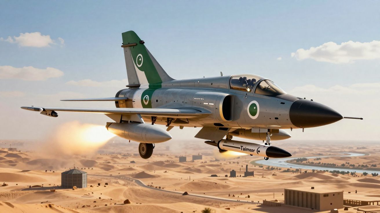 Avião militar cinza com detalhes verdes voando sobre um deserto com prédios dispersos ao fundo.