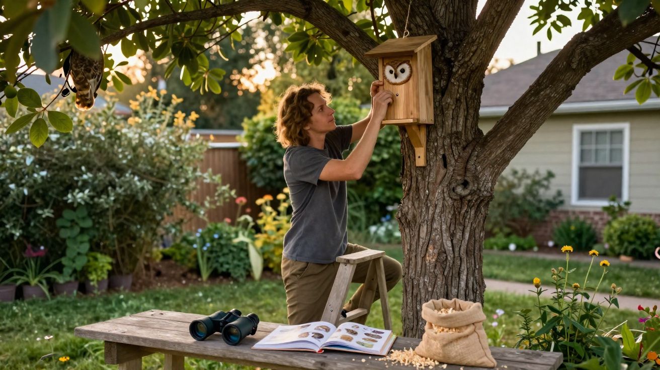 Homem instala uma caixa-ninho de coruja numa árvore no jardim, com livro, binóculos e saco de milho à frente.