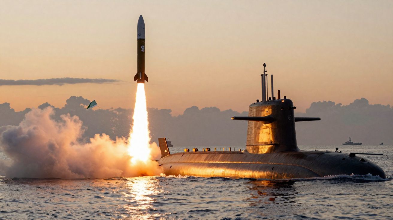 Míssil a ser lançado a partir de um submarino no mar durante o pôr do sol.