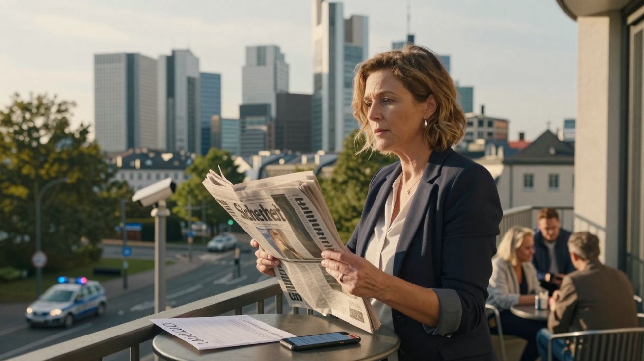Mulher lê jornal numa varanda com vista para prédios altos e pessoas sentadas numa mesa ao fundo.