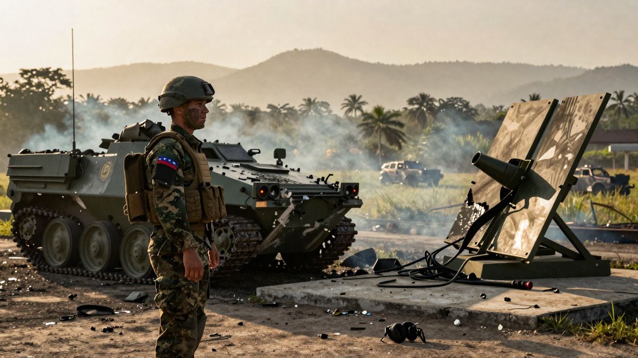 Soldado camuflado junto a veículo blindado e equipamento militar em terreno ao ar livre com fumo ao fundo.