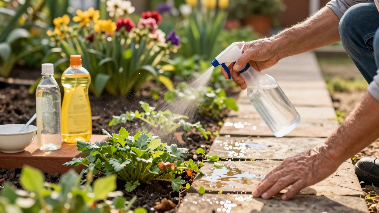 Mãos de pessoa a pulverizar plantas num jardim com garrafas de líquidos ao lado.